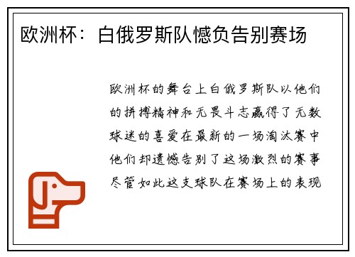 欧洲杯：白俄罗斯队憾负告别赛场
