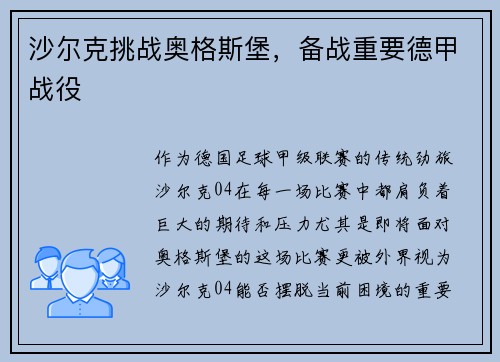 沙尔克挑战奥格斯堡，备战重要德甲战役