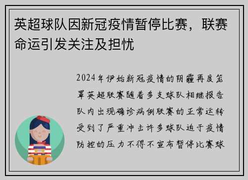 英超球队因新冠疫情暂停比赛，联赛命运引发关注及担忧